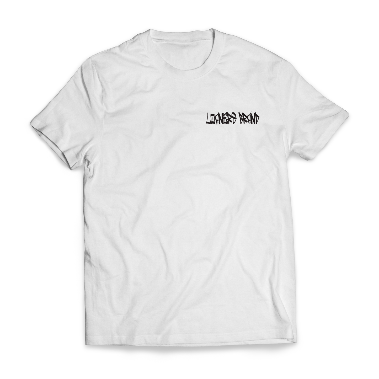 White tshirt with small Loaners Brand Logo on left side