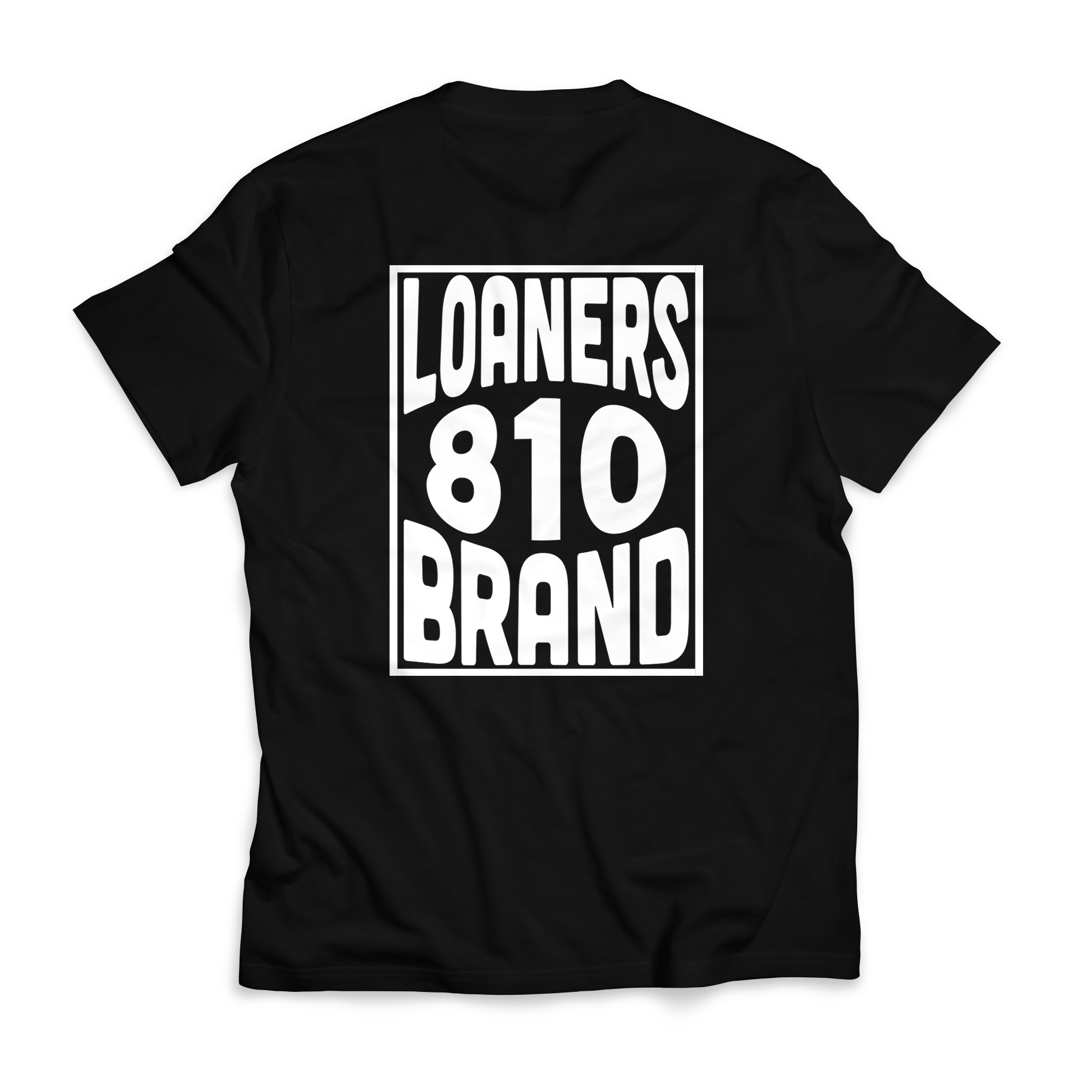 Black tshirt with large Loaners Brand Boxed in logo design on back of shirt