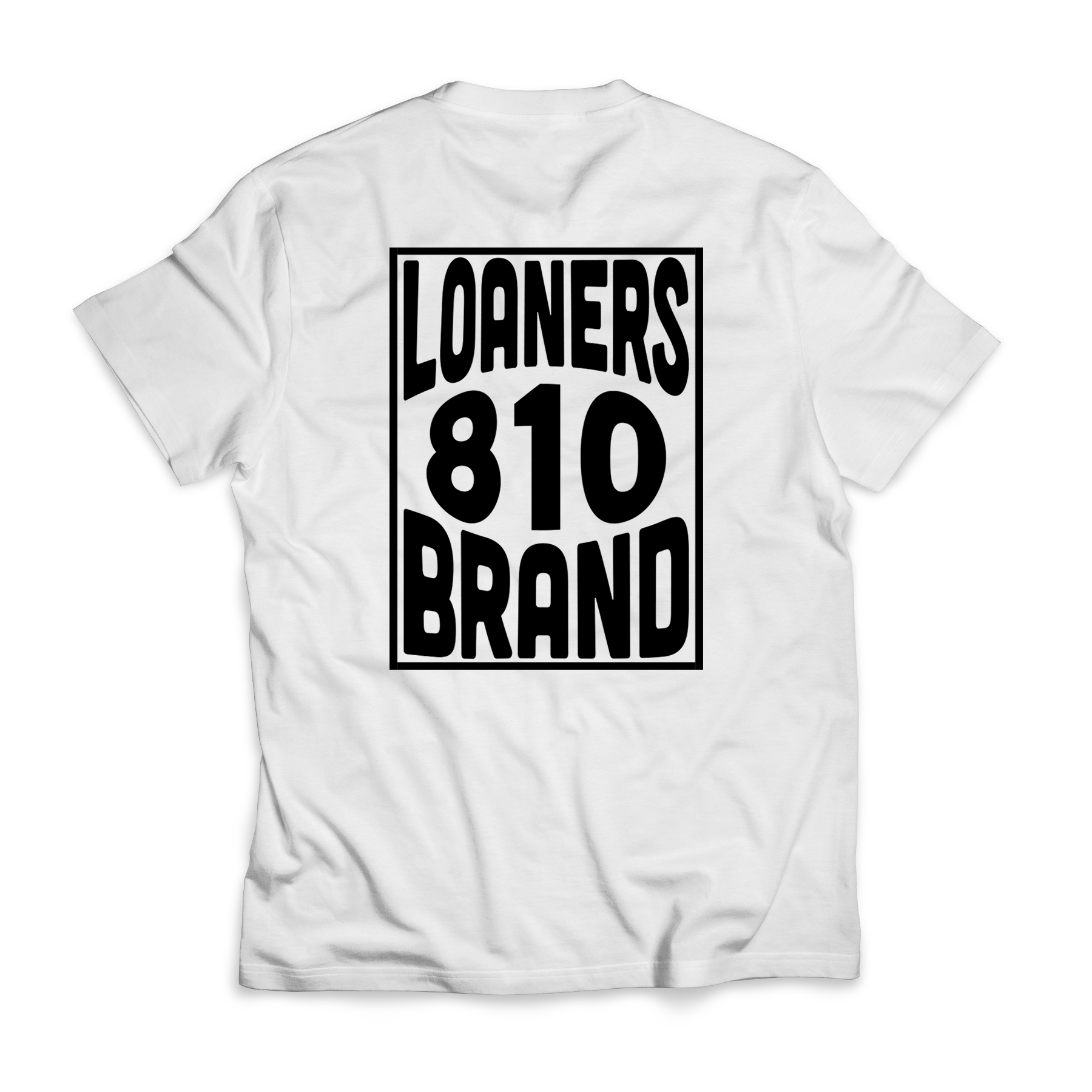 White tshirt with large Loaners Brand Boxed in logo design on back of shirt