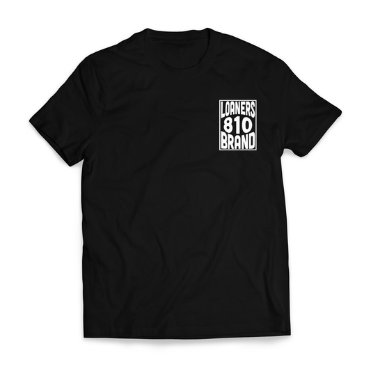 Black shirt with small Loaners Brand Boxed In Design on left chest in white.
