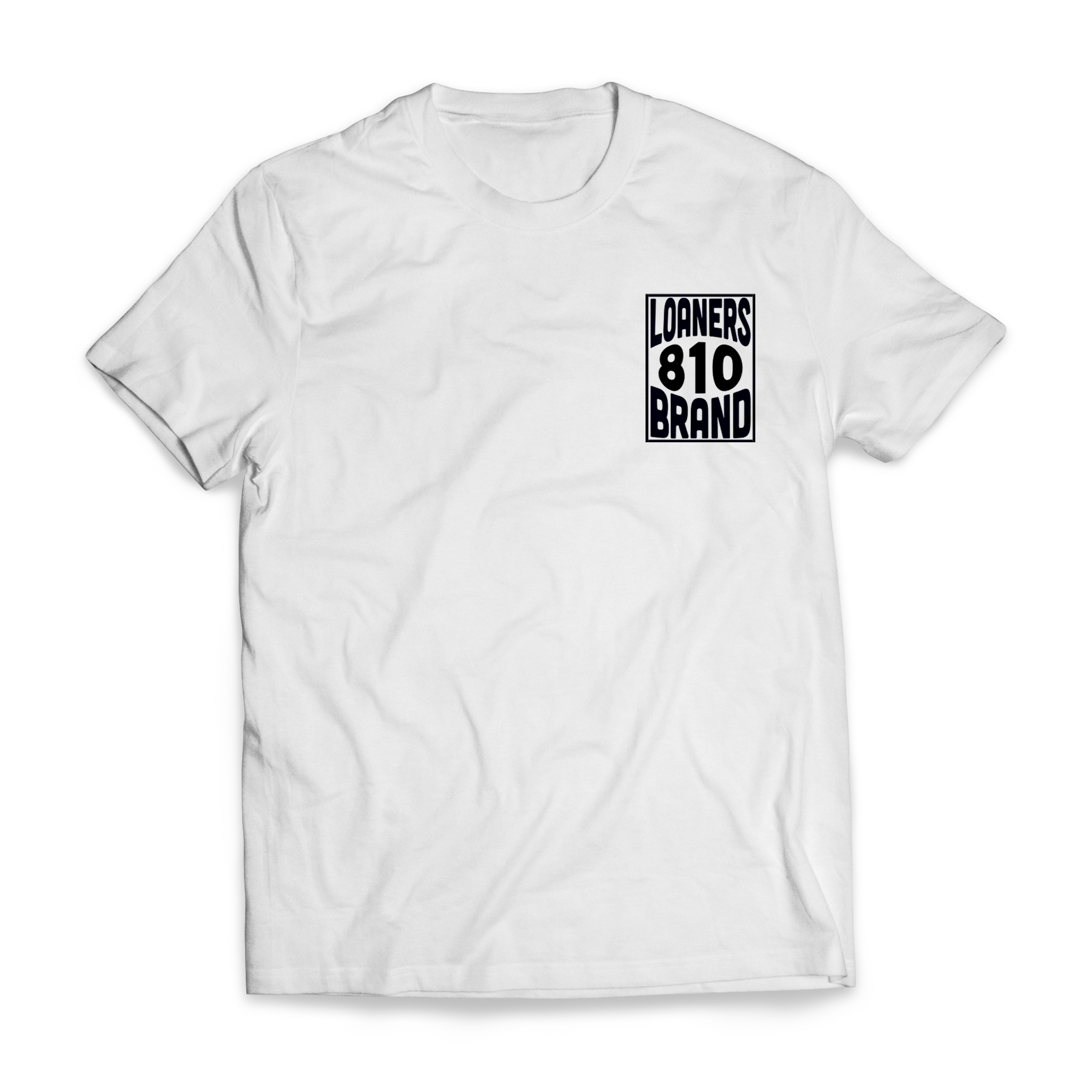 White shirt with small Loaners Brand Boxed In Design on left chest in black